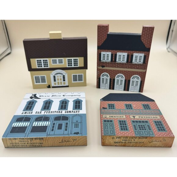Cats Meow 1987 Series V Wooden Buildings Set Of 4 Amish Oak Furniture Creole - Picture 1 of 9